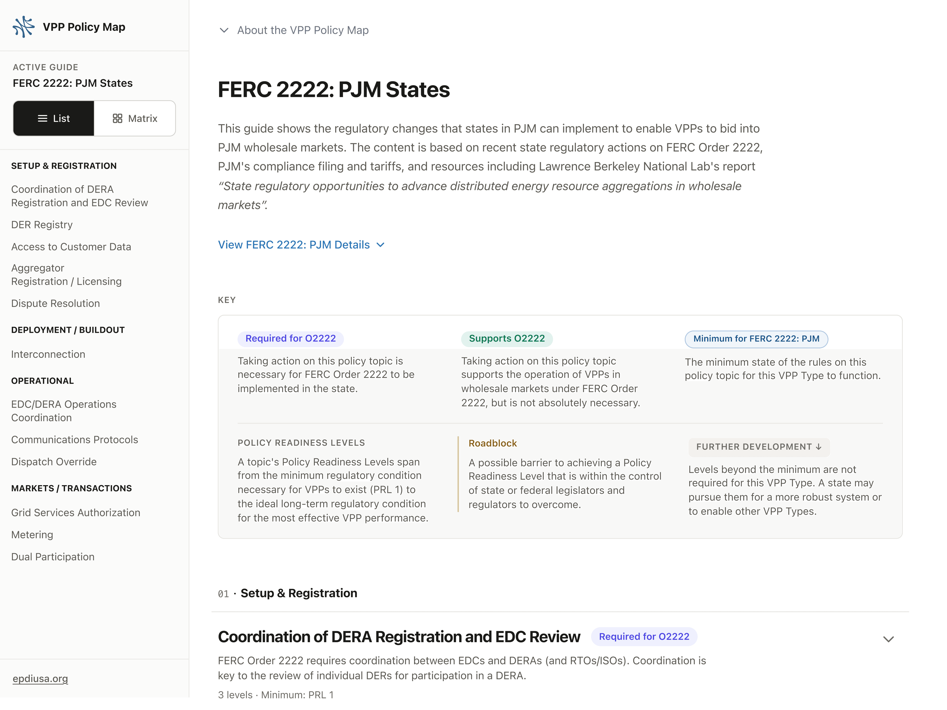 The FERC 2222: PJM States Readiness Guide header, with the key explaining required and supporting topics and the minimum